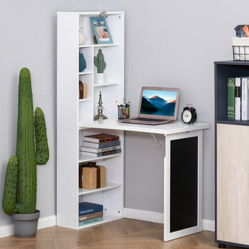 Wall Mounted Computer Desk, Folding Study Table with Black Board and Bookshelf, Multifunctional Floating Writing Desk for Home Office, White
