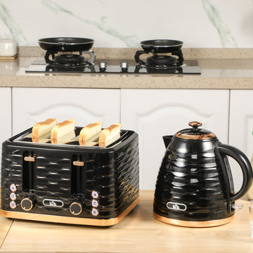 Kettle and Toaster Sets, 3000W 1.7L Rapid Boil Kettle & 4 Slice Toaster with 7 Browning Controls, Defrost, Reheat and Crumb Tray, Otter thermostat, Black