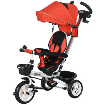 Metal Frame 6 in 1 Baby Push Tricycle with Parent Handle for 1-5 Years Old, Red