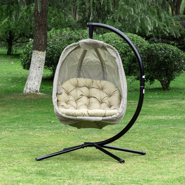 Hanging Egg Chair, Folding Texteline Swing Hammock with Side Pocket, Cushion and Stand for Indoor Outdoor, Patio Garden Furniture, Khaki