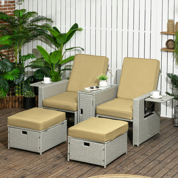 5PC PE Rattan Sun Lounger, Outdoor Wicker 5-level Adjustable Recliner Sofa Bed with Storage Side Table and Footstools, for Patio, Garden, Poolside, Beige