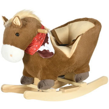 Kids Rocking Horse, with Safety Harness, Sounds, Foot Pedals - Brown