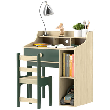 Kids Desk and Chair Set with Storage Shelves and Drawer, Green
