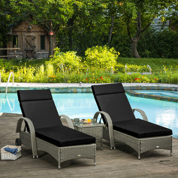 Set of 2 Sun Lounger Cushions, Replacement Cushions for Rattan Furniture with Ties, 196 x 55 cm, Black