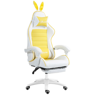 Racing Gaming Chair, Reclining PU Leather Computer Chair with Removable Rabbit Ears, Footrest, Headrest and Lumber Support, Yellow