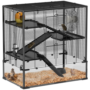 4 Tiers Hamster Cage with Deep Tempered Glass Bottom, Hut, Running Wheel, Food Dish, Water Bottle, 78.5 x 48.5 x 80cm