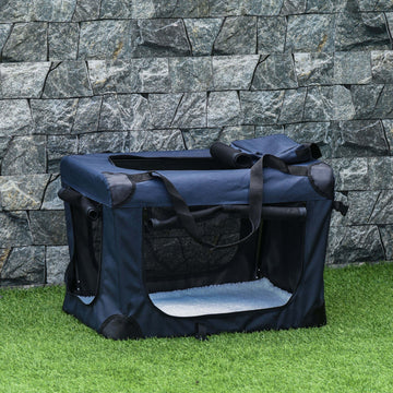 Foldable Pet Carrier for Small and Miniature Dogs, Portable Cat Carrier Soft Side Pet Travel Crate with Removable Mat, Storage Bags, Breathable Mesh 60 x 41.5 x 41cm - Dark Blue