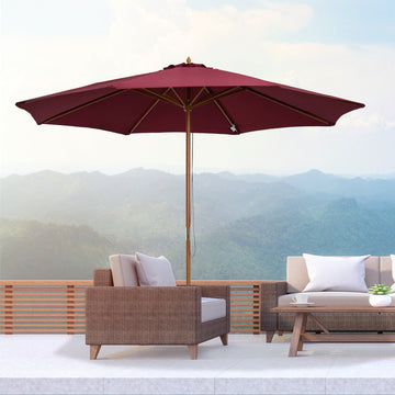 3(m) Garden Parasol, Pulley Operated Patio Umbrella, Wooden Table Market Umbrella with Rope Pulley Mechanism and 8 Ribs, Wine Red