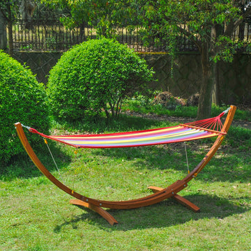 Outdoor Hammock with Stand, Free Standing Hammock with Arc Wooden Frame and 200 x 100cm Fabric, Garden Swing Hanging Bed with Safe Ropes, Multicolour