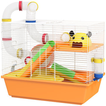3 Tiers Gerbil Cage, Hamster Cage with Tubes, Exercise Wheel, Ladder, Top Handle, 45 x 28 x 37cm - Orange