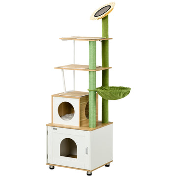 Cat Tree with Cat Litter Box for Indoor Cats, with Scratching Post, Cat House, Hammock - Oak Tone