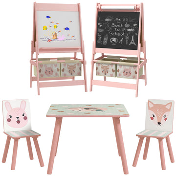Kids Table and Chair Set and Kids Easel with Paper Roll, Storage Baskets, Kids Activity Furniture Set, Pink