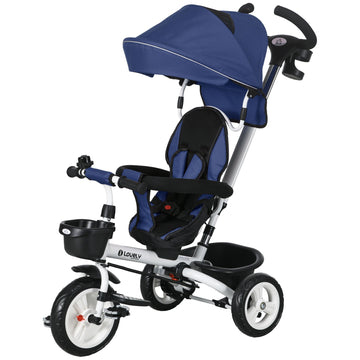 Metal Frame 6 in 1 Baby Push Tricycle with Parent Handle for 1-5 Years Old, Dark Blue