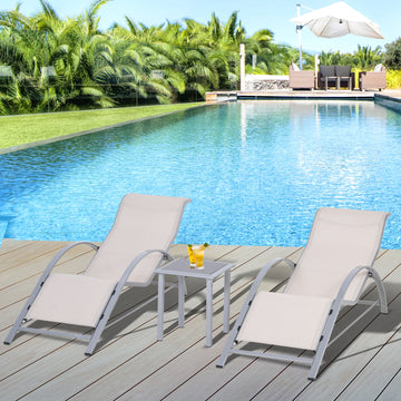 3 Pieces Lounge Chair Set Metal Frame Garden Outdoor Recliner Sunbathing Chair with Table, Cream