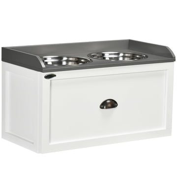 Stainless Steel Raised Dog Bowls, with 21L Storage Drawer for Large Dogs and Cats - White