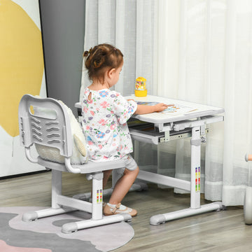 Kids Desk and Chair Set, Student Adjustable Writing Desk, with Drawer, Pen Slot, Hook - Grey