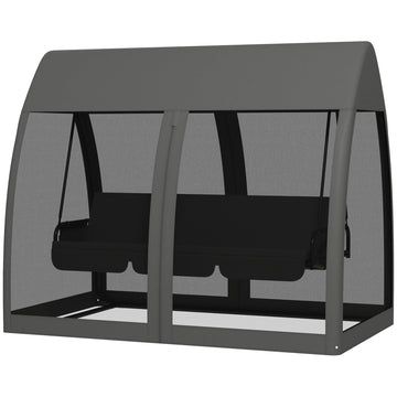 Three-Seater Convertible Swing Chair/Bed, with Curtained Canopy - Grey