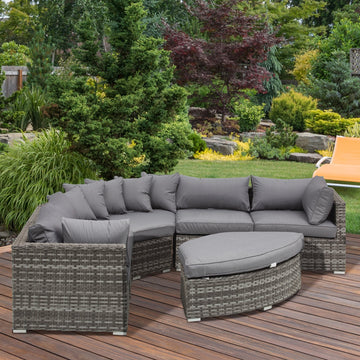 6 Pieces Outdoor PE Rattan Wicker Sofa Set with 10cm Thick Padded Cushionsand Half Round Patio Conversation Furniture Set with Angled Corner Designand Ottomansand and Back Pillows, Grey