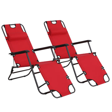 2 Pieces 2 in 1 Sun Lounger Folding Reclining Chair Garden Outdoor Camping Adjustable Back with Pillow, Red