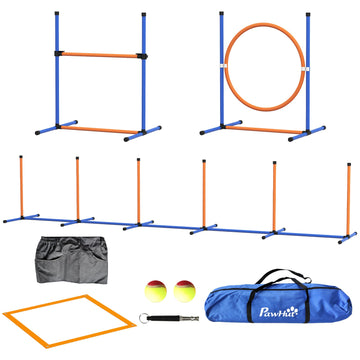 Eight-Piece Dog Agility Equipment Set with Weave Poles, Jump Ring, Hurdle, Pause Box, Training Shorts, Bag, Orange
