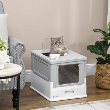 Hooded Cat Litter Box, Portable Pet Toilet, with Scoop, Front Entry - Grey