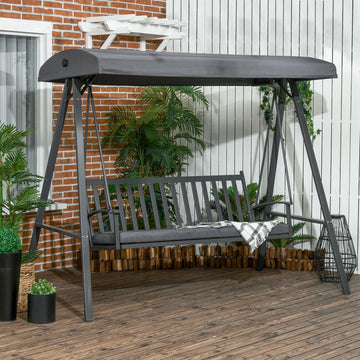 3-Seat Garden Swing Chair, Outdoor Canopy Swing with Removable Cushion, Adjustable Shade, and Slatted Bench, for Porch, Poolside, Backyard, Dark Grey