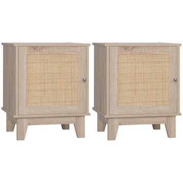 Bedside Table, Bedside Cabinet with Storage Cupboard, Side End Table with Rattan Element for Living Room, Bedroom, Set of 2, Natural