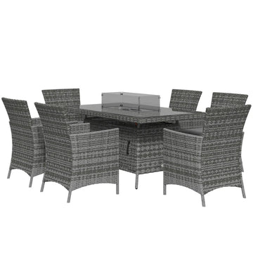 7 Pieces Outdoor Rattan Garden Furniture with Fire Pit Table, 6 Seater Garden Table and Chairs with Cushions, Rattan Dining Set with Propane Heater Table, Windscreen, 50,000 BTU, Grey