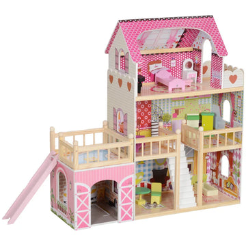 3 Levels Dolls House Play Set with 13 Wooden Furniture Pieces and Accessories,