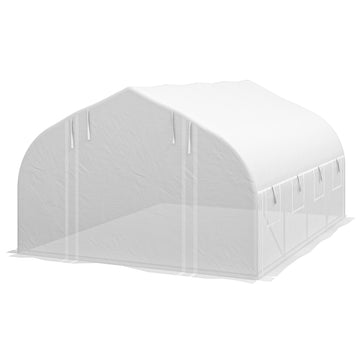 4 x 3(m) Walk-in Polytunnel Greenhouse, Zipped Roll Up Sidewalls, Mesh Door, 8 Mesh Windows, Tunnel Warm House Tent with PE Cover, Complimentary Plant Labels and Gloves, White