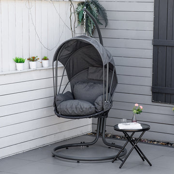 Hanging Egg Chair Swing Hammock Chair with Stand, Cushion and Retractable Canopy, for Indoor and Outdoor, Grey