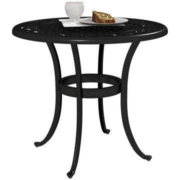 60cm Round Garden Table, Outdoor Hollow Top Design Side Table with Cast Aluminium Frame for Patio, Garden, Balcony, Black