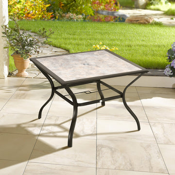 94 x 94 cm Garden Table with Parasol Hole, Outdoor Dining Table for 4, Square Patio Table with Stone-Grain Effect PC Board Top for Patio, Garden, Grey