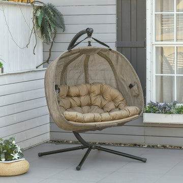 Double Hanging Egg Chair 2 Seaters Texteline Swing Hammock Chair with Stand, Cushion and Folding Design, for Indoor and Outdoor, Brown