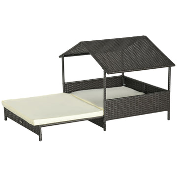 Extendable Elevated Dog Bed, Rattan Dog House, with Water-Resistant Roof, Removable Cushion, Cream
