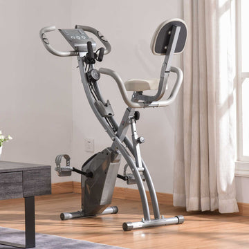 2-in-1 Folding Exercise Bike with 8-Level Magnetic Resistance, Arm Resistance Band, Pulse Sensor, Grey
