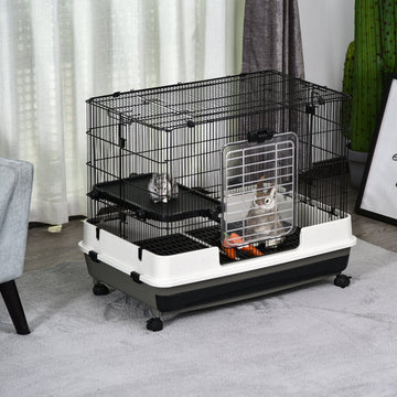 2 Tier Rolling Small Animal Rabbit Cage Chinchillas Hutch Pet Play House with Platform Ramp Removable Tray 80 x 52.7 x 66 cm