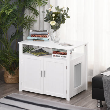 Wooden Cat Litter Box Enclosure Furniture with Adjustable Interior Wall & Large Tabletop for Nightstand, White