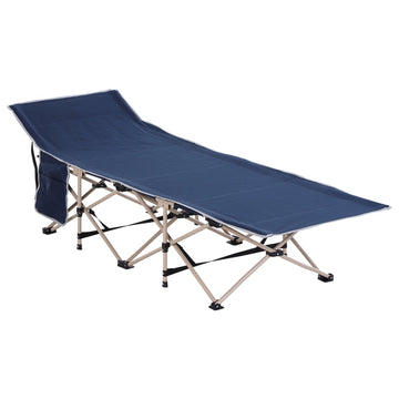 Single Person Camping Bed Folding Cot Outdoor Patio Portable Military Sleeping Bed Travel Guest Leisure Fishing with Side Pocket and Carry Bag - Blue