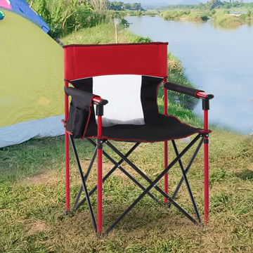 Folding Fishing Camping Chair Portable Picnic Armchair Director Seat Oxford Metal Frame with Cup Holder, Phone Pocket - Red