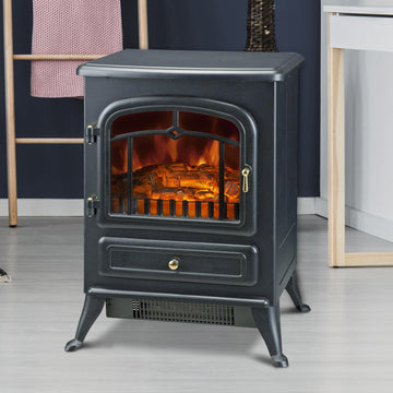 Freestanding Electric Fireplace Indoor Heater Glass View Log Wood Burning Effect Flame Portable Fireplace Stove 950/1850W Black