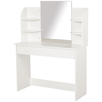 Modern Dressing Table Writing Desk W/ Mirror, Big Drawers, 2-Tier Open Shelf For Home Bedroom White