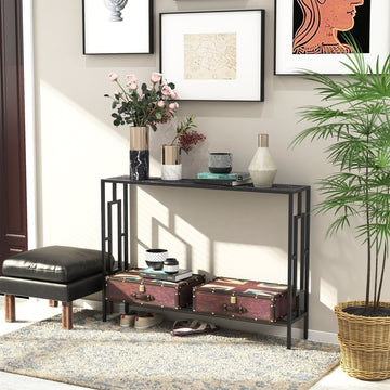 Industrial Console Table with Storage Shelf, Narrow Hallway Dressing Desk with Metal Frame for Living Room, Bedroom, Grey and Black