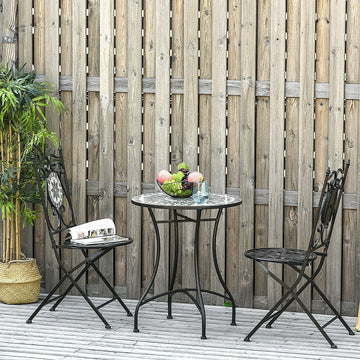 3 Pcs Mosaic Tile Garden Bistro Set Outdoor Seating w/ Table 2 Folding Chairs Set Metal Frame Elegant Scrolling Indoor Patio Balcony