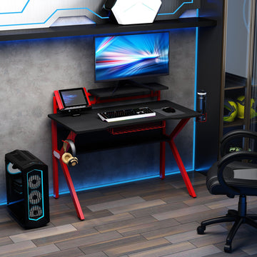 Gaming Desk, Computer Table with Monitor Stand, Cup Holder, Headphone Hook, Wire Basket and Metal Frame, 120cm, Red