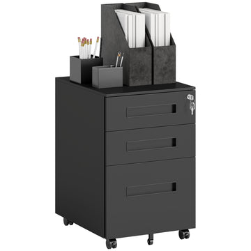 Metal Mobile File Cabinet with Wheels, Lockable 3 Drawer Filing Cabinet for A4, Legal, Letter, Under Desk Storage Unit with Pre-Assembled Body for Home Office, 39 x 48 x 60cm, Black