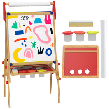 3-in-1 Wooden Kids Easel with Paper Roll, Whiteboard, Chalkboard, Painting Accessories