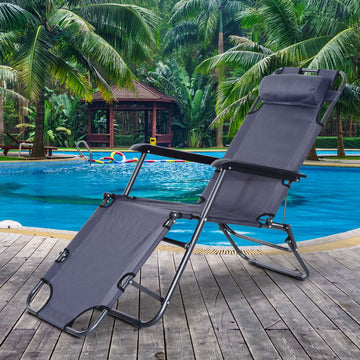 2 in 1 Sun Lounger Folding Reclining Chair Garden Outdoor Camping Adjustable Back with Pillow, Grey