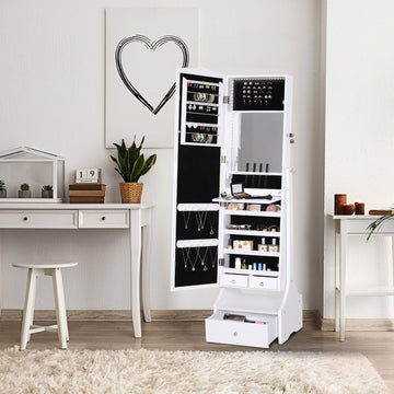 Jewellery Cabinet with led, mirroir Cabinet Armoire Floor Standing Flip-over Makeup Shelf Organizer with lock white