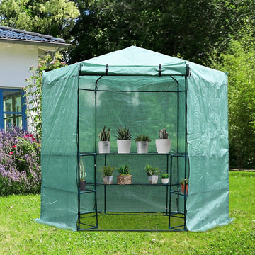 Hexagon Walk In Greenhouse with Shelves, Outdoor Green House Grow House with Waterproof PE Cover and Roll-up Door, 228 x 196 x 215 cm, Green